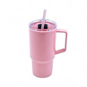 500ml Tymbl Plastig wedi'i Insiwleiddio Pinc gyda handlen a Gwellt